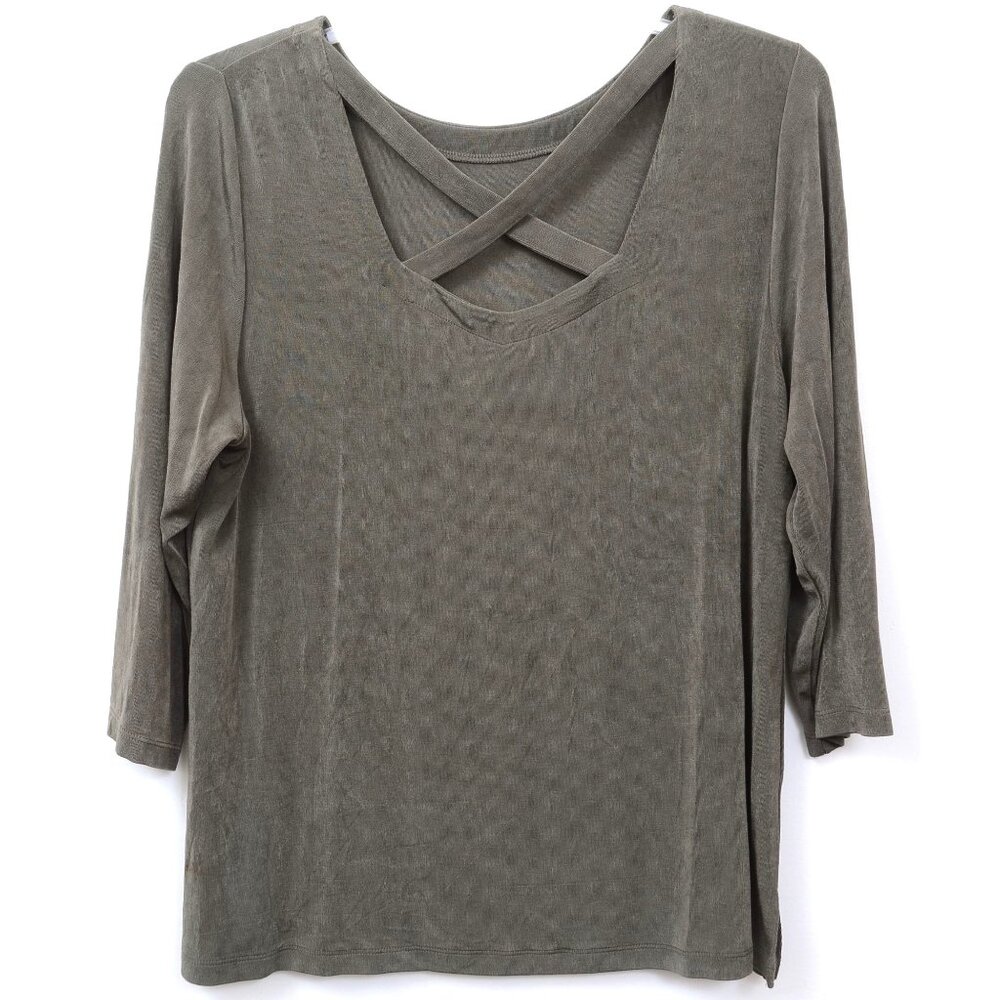 Travelers by Chico's Size (3) XL Tuscan Olive 3/4 Sleeves Flowy Office Blouse